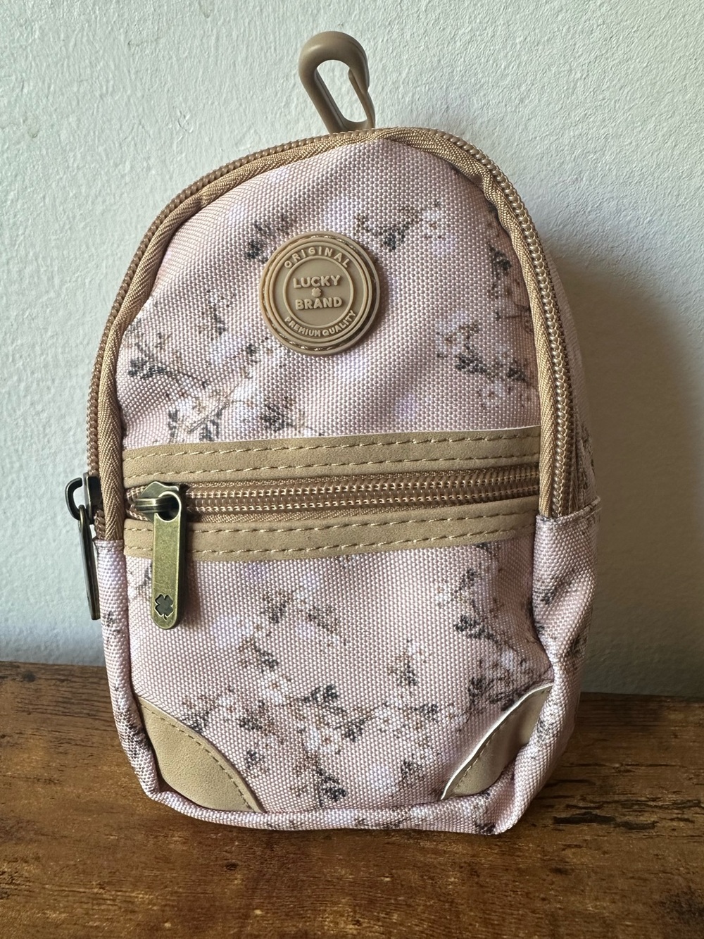 Lucky Brand Tan Floral Mini Backpack Pouch w/ 2 Pockets Bag Charm Keychain NWOT